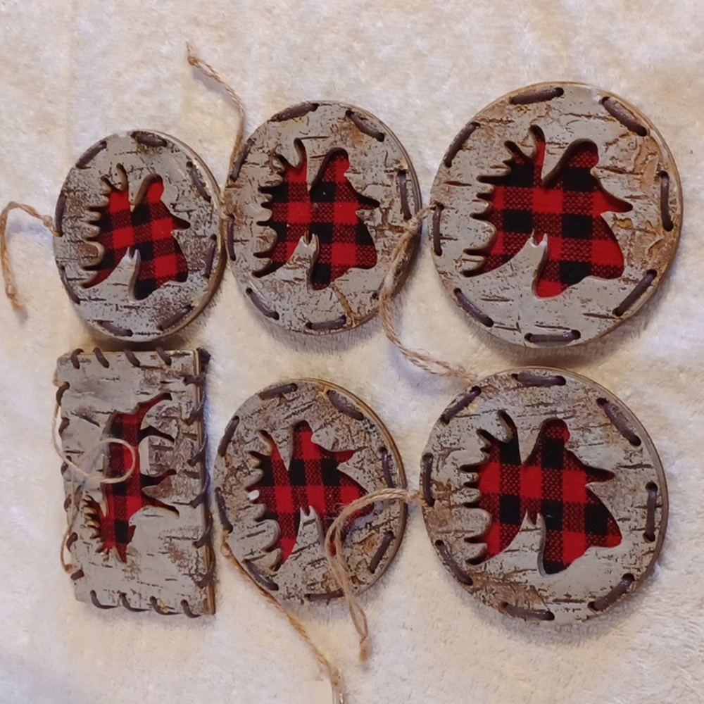 Birch Bark Moose Rustic Lodge Oraments Buffalo plaid Christmas 🎄